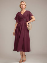 A-line V-Neck Tea-Length Chiffon Mother of the Bride Dress With Pleated Beading